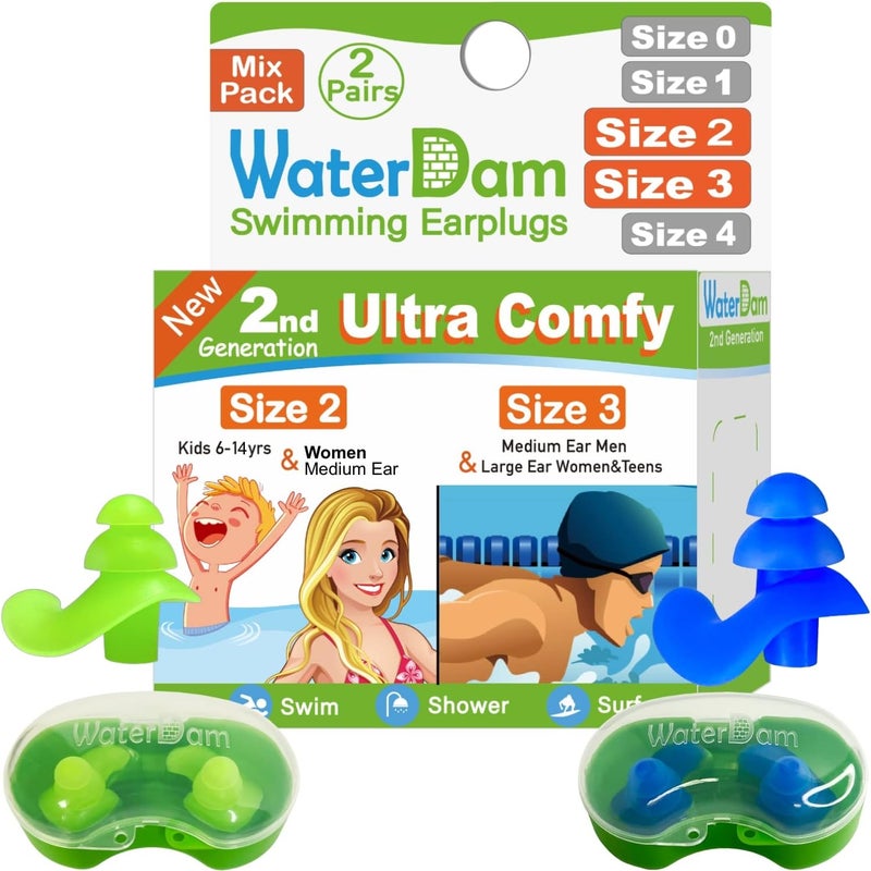 WaterDam Swimming Ear Plugs - Ultra Comfy Waterproof Earplugs Prevent Swimmer's Ear (Small & Large, Green & Blue) - Image 1